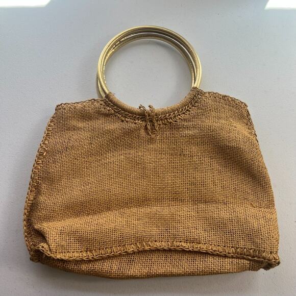 Boho Handmade Paper Bag Vintage 70s Tote Bag Beach Picnic Wood Button Closure - Picture 2 of 12